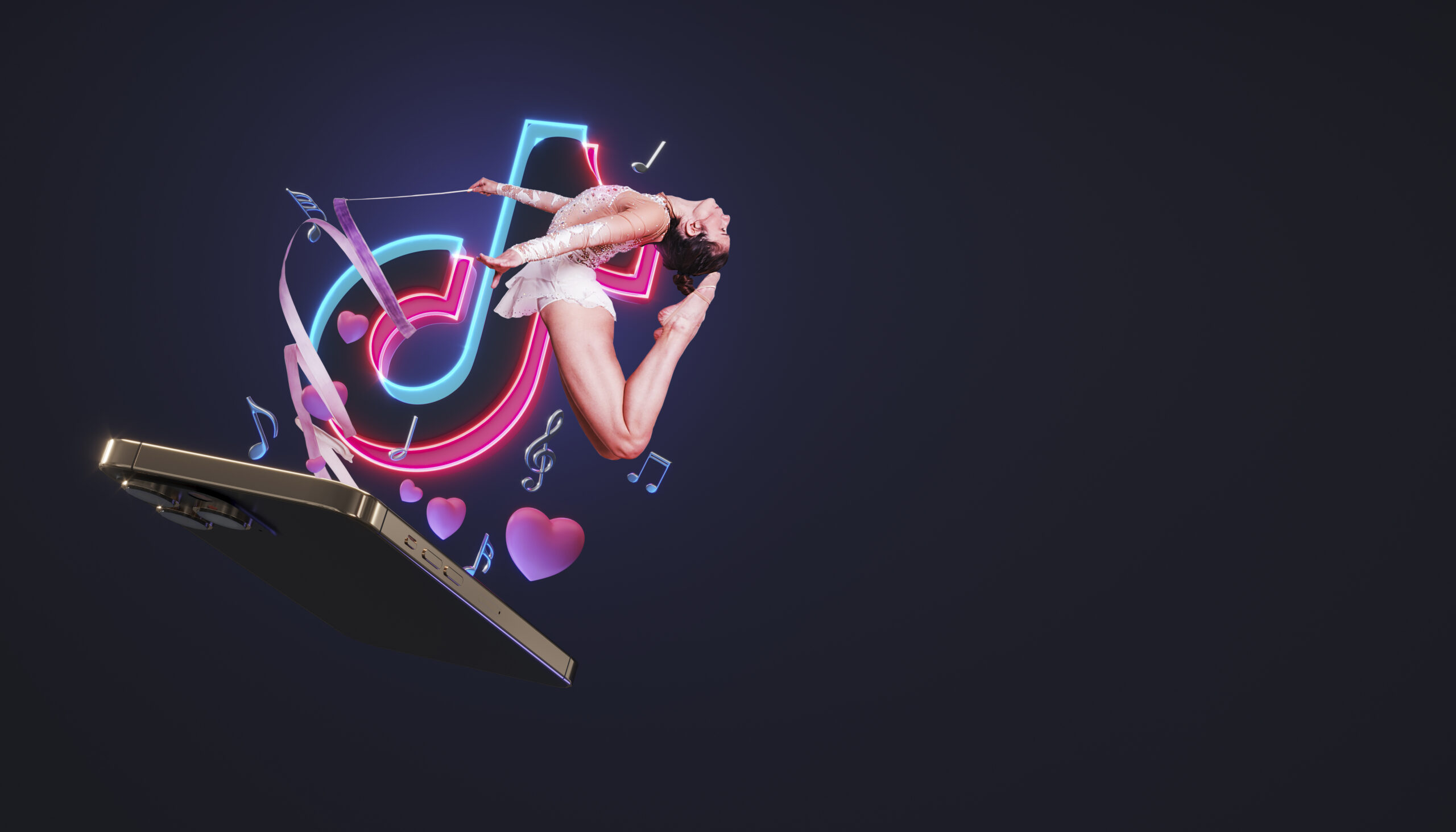 A female dancer in a white outfit is leaping out of a smartphone screen, surrounded by the TikTok logo, music notes, and heart icons, set against a dark background.