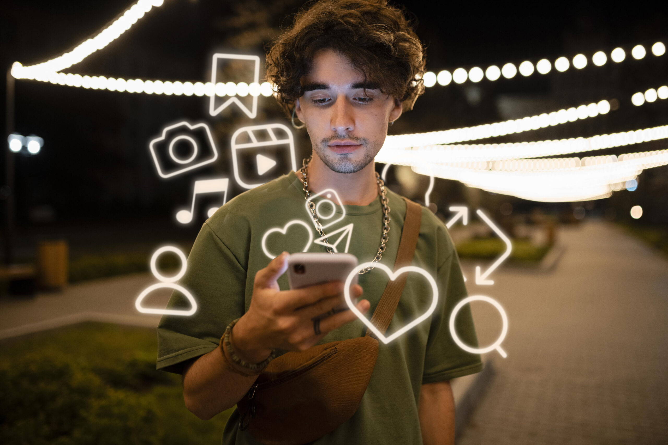 A young person on their phone with instagram icons surrounding them.