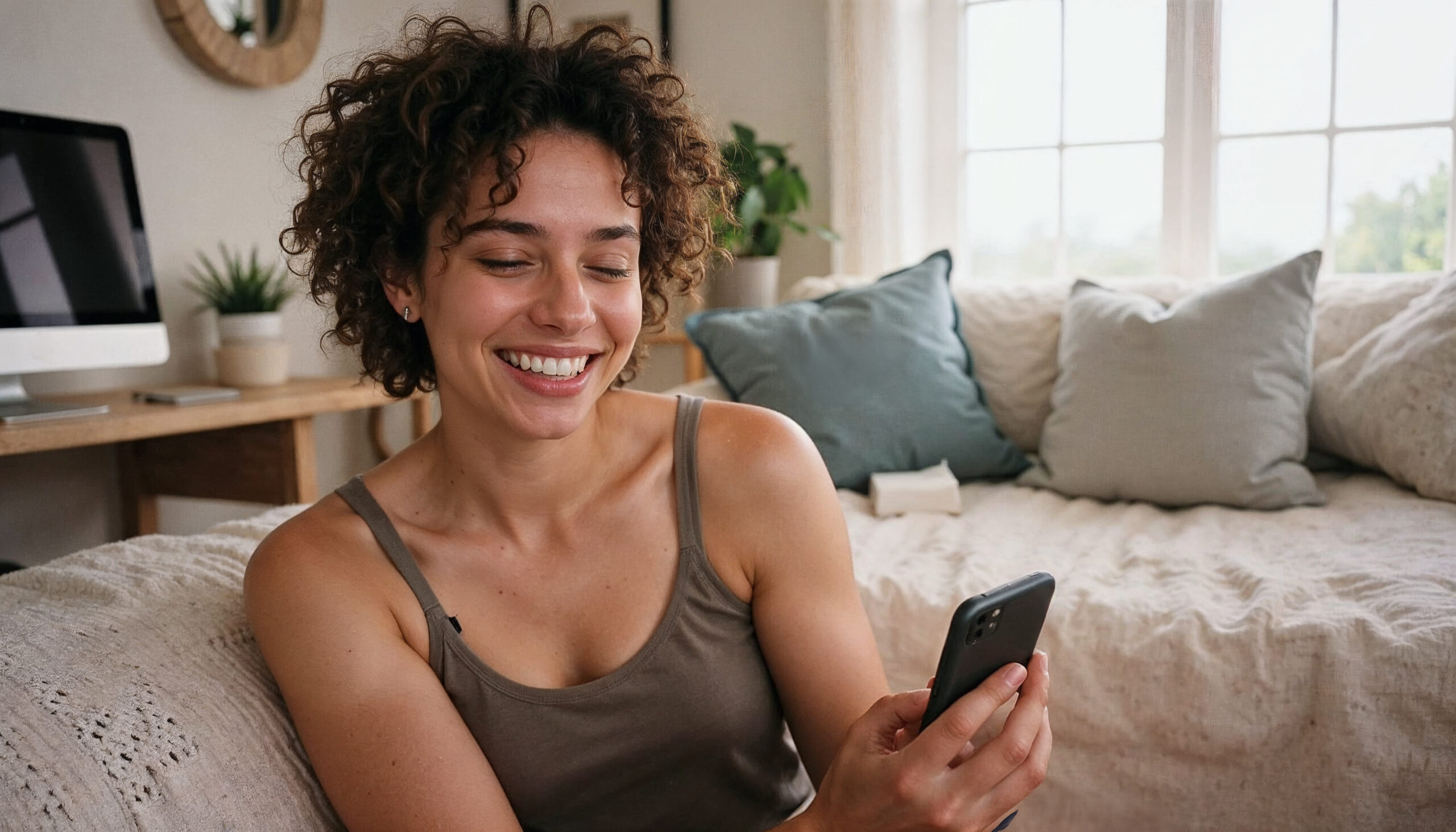 Smiling woman with short curly hair sitting on a bed in a bright bedroom, looking at her smartphone, with pillows and a desk in the background.