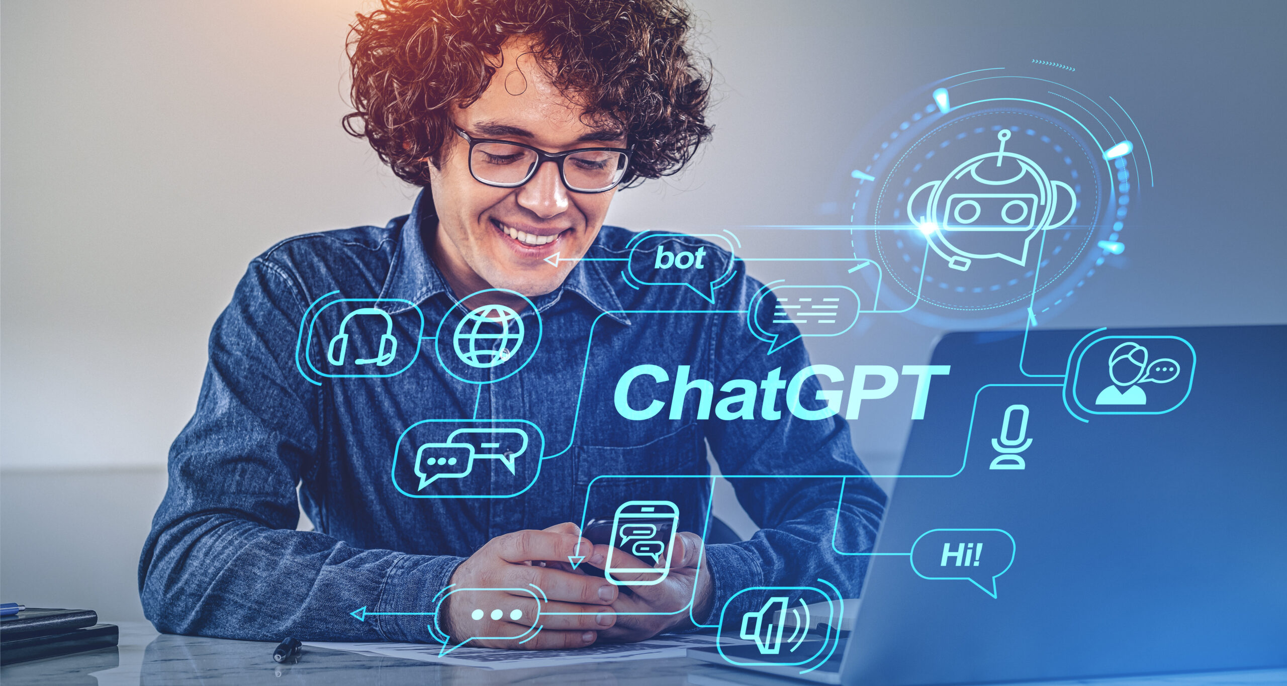 Young man using his phone and laptop with an overlay of various internet related icons with the word chatgpt in the middle
