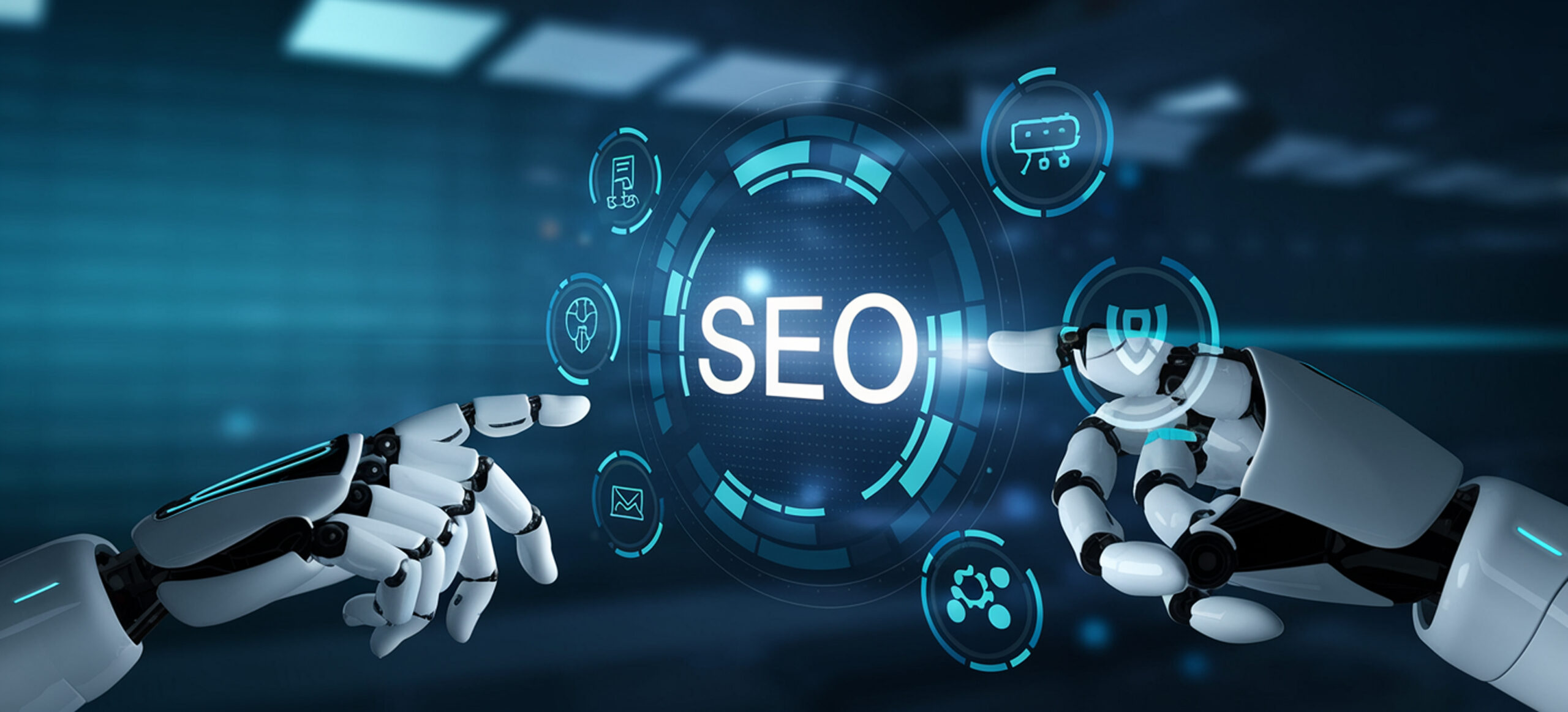 14:03Artificial intelligence in SEO concept showing two robot hands pointing at a glowing SEO icon surrounded by digital marketing symbols.