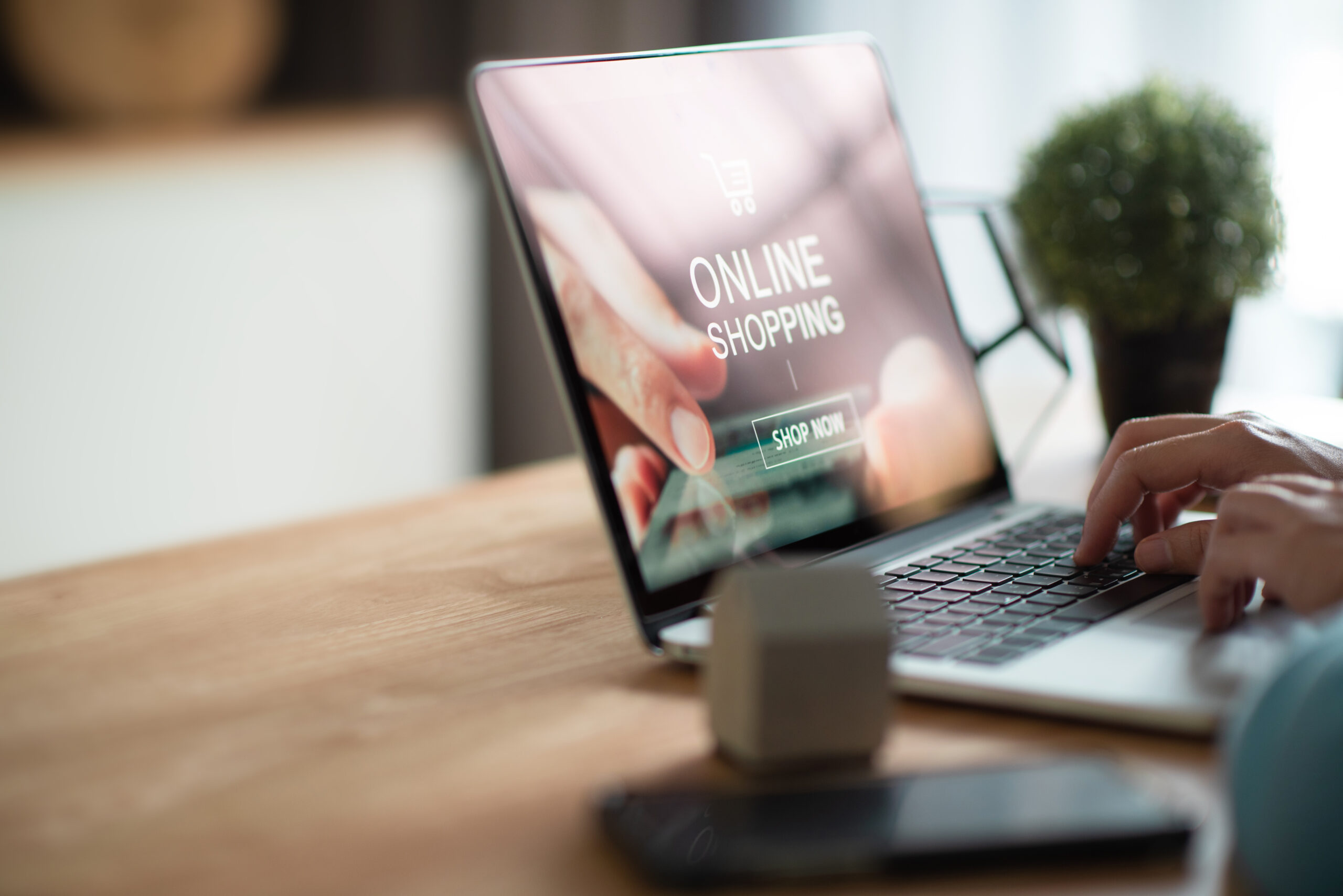 Woman using a laptop displaying an online shopping landing page with a shop now call to action button